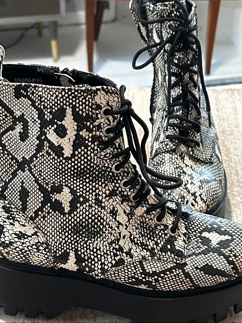 Women's Black & White Faux Snake-Print Lace-Up Combat Boots